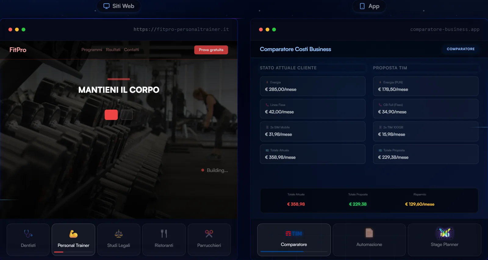 Anteprima delle demo live: un sito costruito nel browser e una web app su misura